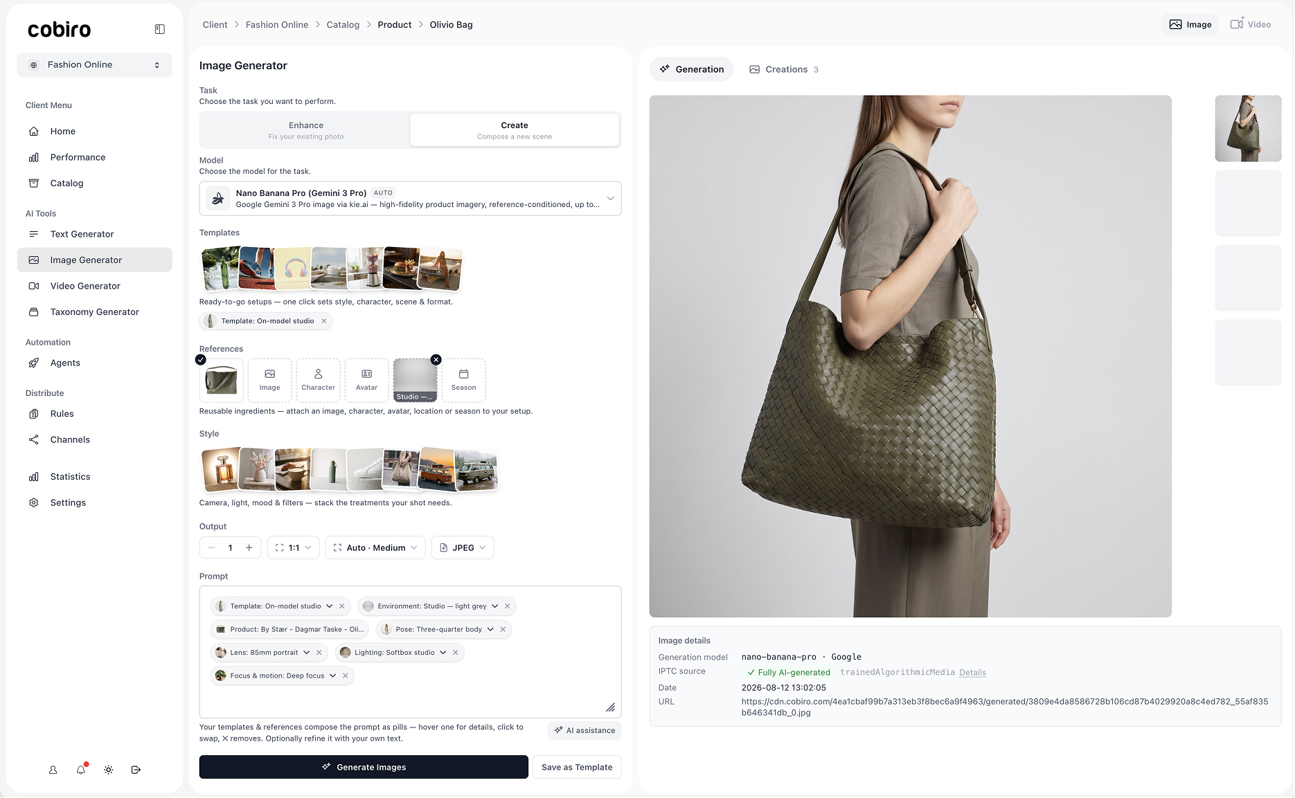 The Cobiro dashboard with the image generator composing an on-model product shot